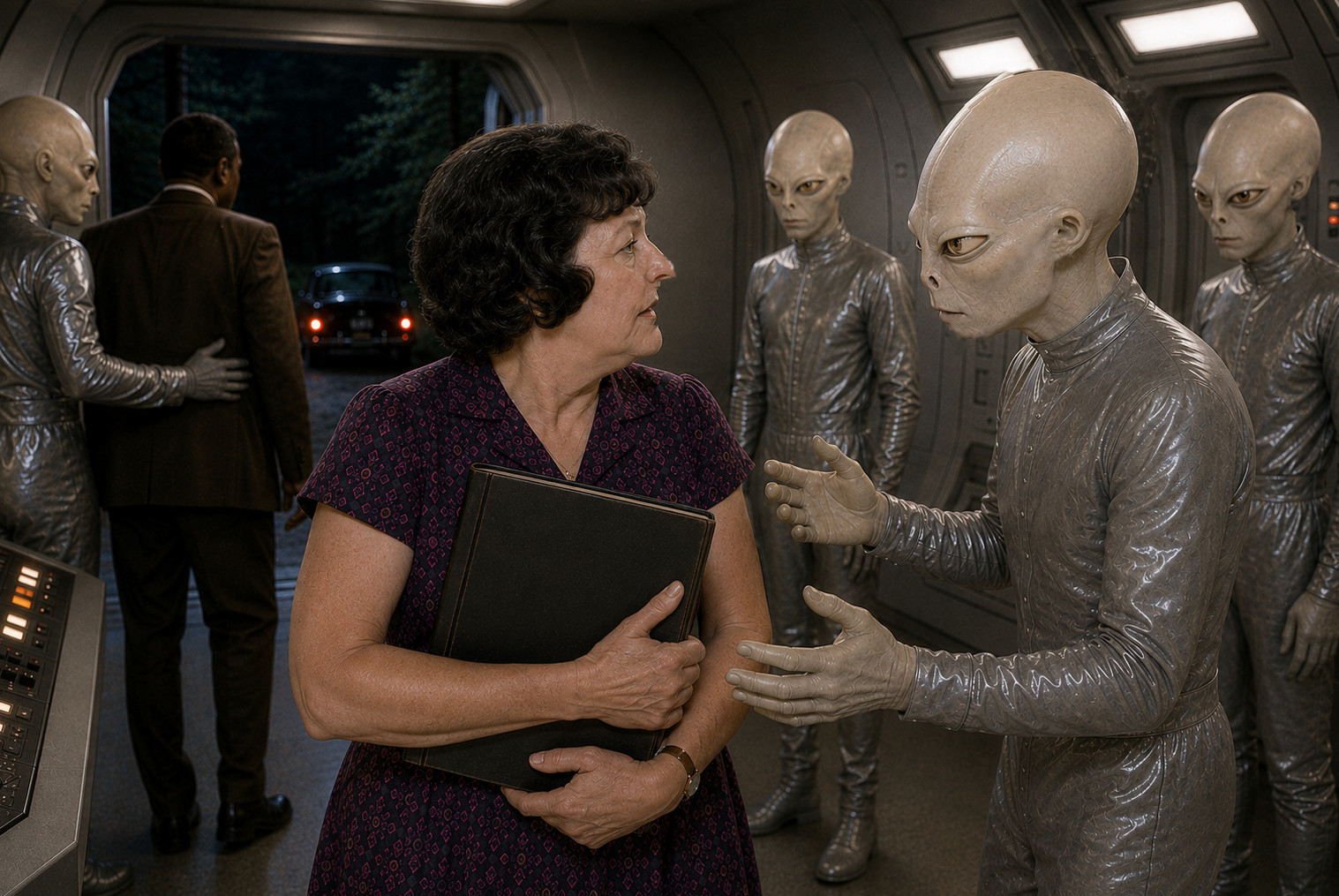 Reconstruction of Betty Hill being shown a book and communicating with reported beings
